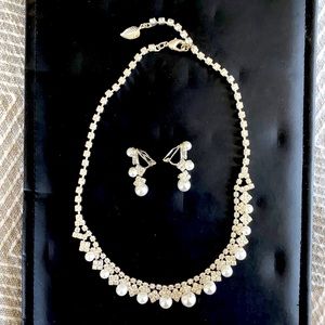 Faux pearl and diamond earring and necklace set